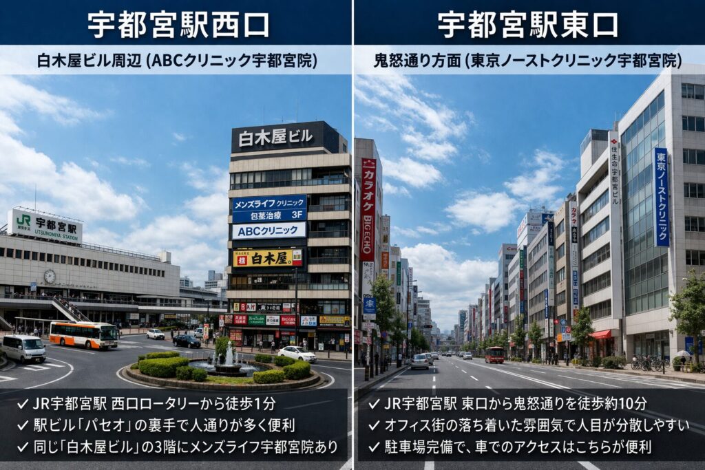 【物理的比較】宇都宮エリアのABCクリニック宇都宮院と他の包茎クリニック（メンズライフ・東京ノースト等）との違い