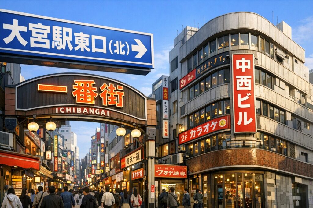 大宮駅東口（北）→一番街看板→中西ビル外観が1枚で伝わる横長画像