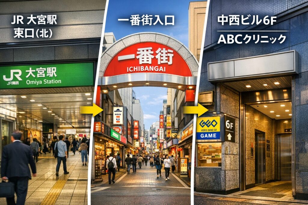 「大宮駅東口（北）→一番街看板→中西ビル入口」が1枚で伝わる横長画像のアイキャッチ画像