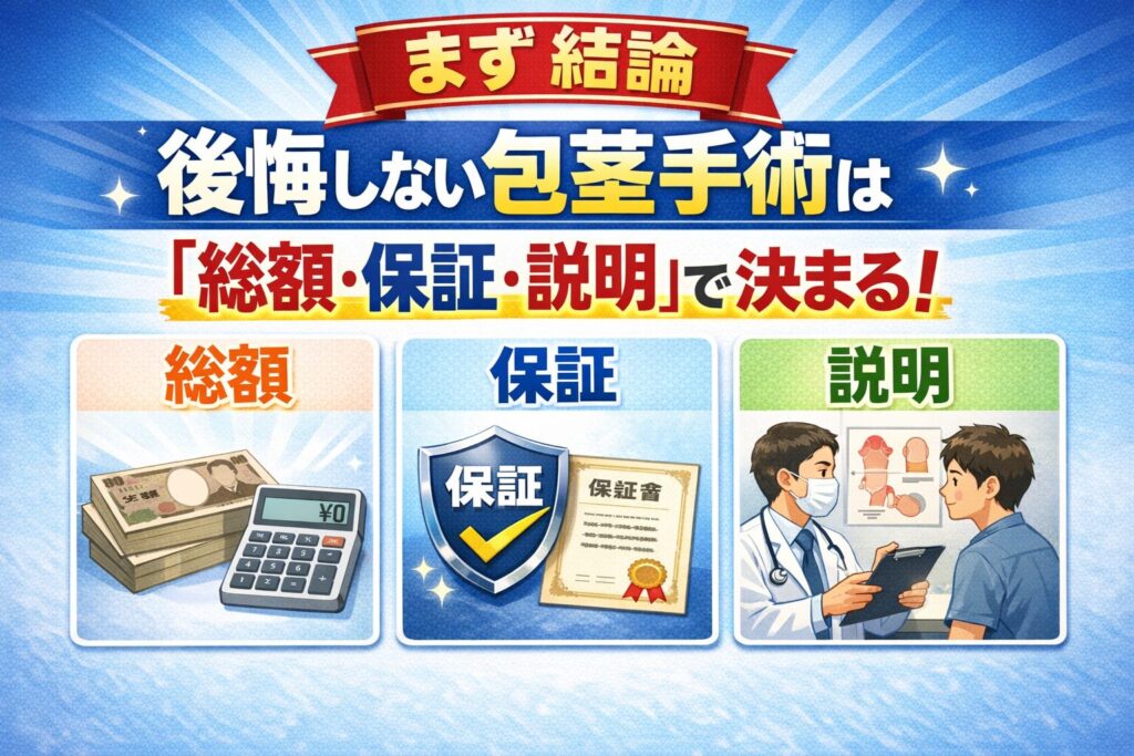 まず結論｜後悔しない包茎手術は「総額・保証・説明」で決まる
