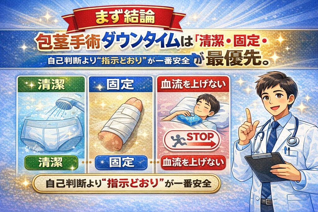 まず結論｜包茎手術後のダウンタイムは「清潔・固定・血流を上げない」が最優先。自己判断より“指示どおり”が一番安全