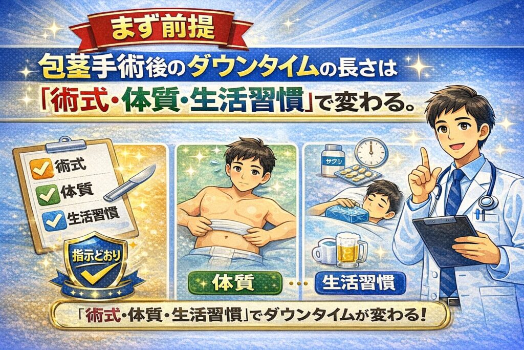 まず前提｜包茎手術後のダウンタイムの長さは「術式・体質・生活習慣」で変わる
