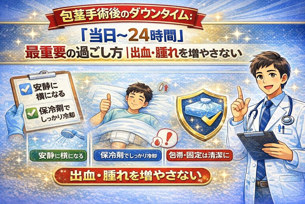 包茎手術後のダウンタイム：【当日〜24時間】最重要の過ごし方｜出血・腫れを増やさない
