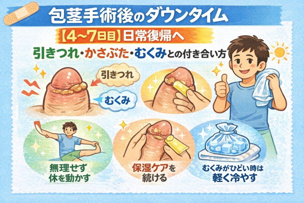 包茎手術後のダウンタイム：【4〜7日目】日常復帰へ｜引きつれ・かさぶた・むくみとの付き合い方