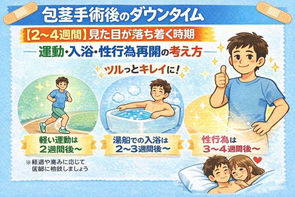 包茎手術後のダウンタイム:【2〜4週間】見た目が落ち着く時期｜運動・入浴・性行為再開の考え方