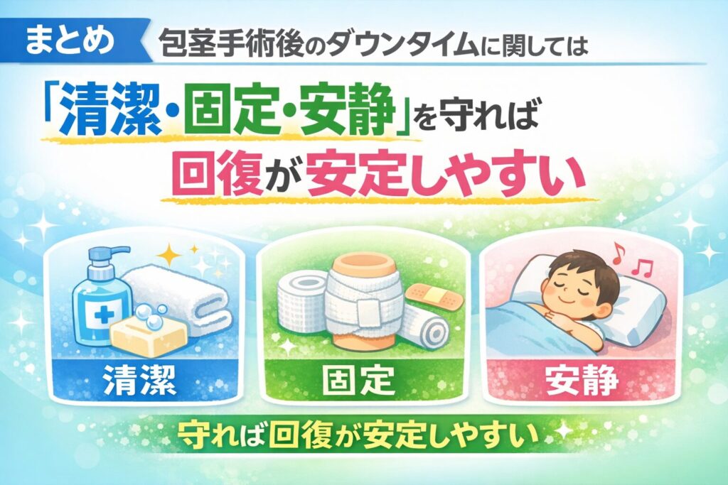 まとめ｜包茎手術後のダウンタイムは「清潔・固定・安静」を守れば回復が安定しやすい
