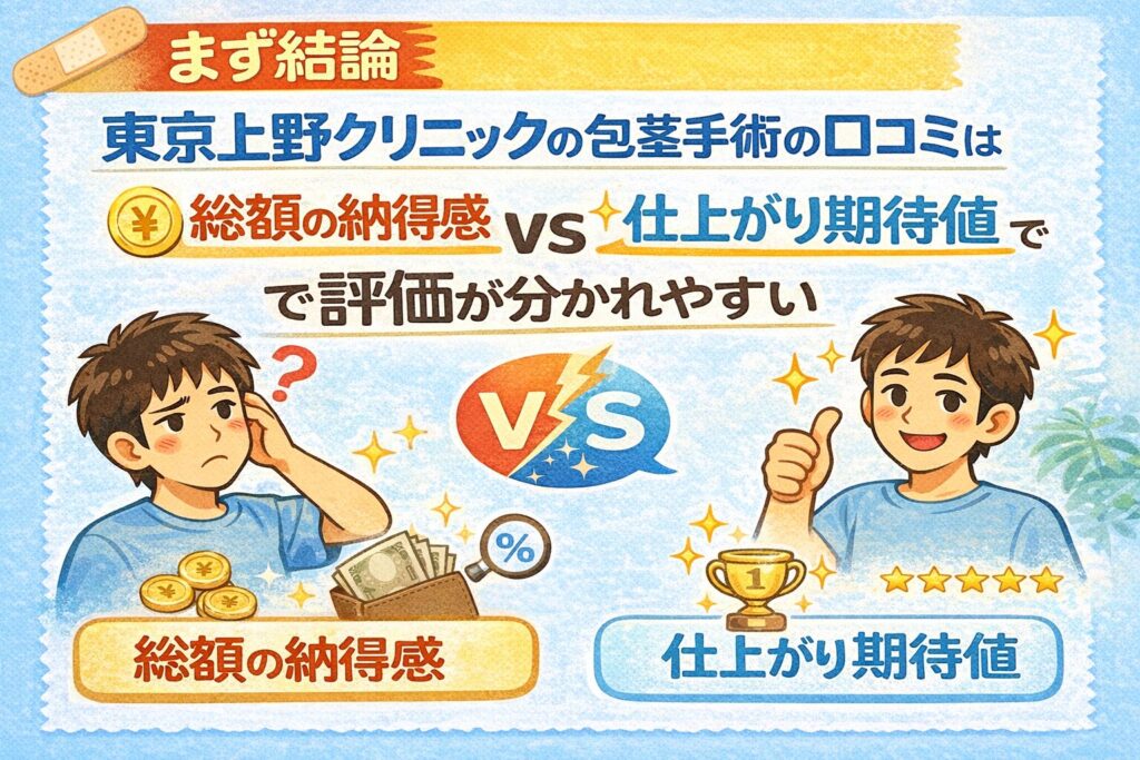 まず結論|東京上野クリニックの包茎手術の口コミは「総額の納得感」と「仕上がり期待値」で評価が分かれやすい
