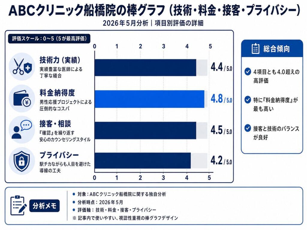 【独自集計】ABCクリニック船橋院の総合評価は星4.3|35件の口コミ分析棒グラフを公開