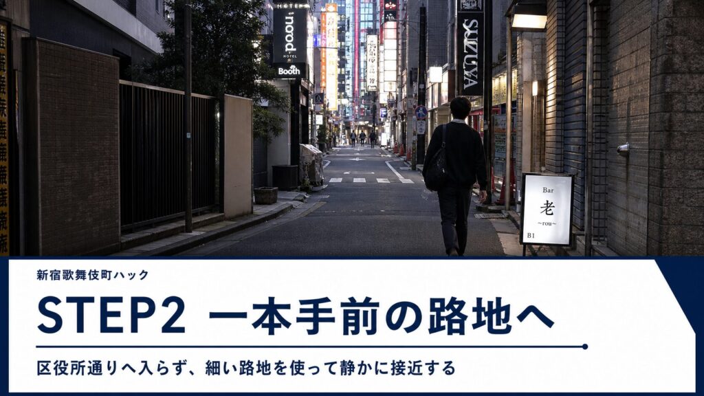 ルート2： 地上に出たらすぐに「区役所通り」へ入らず、一本手前の細い路地を通る。
