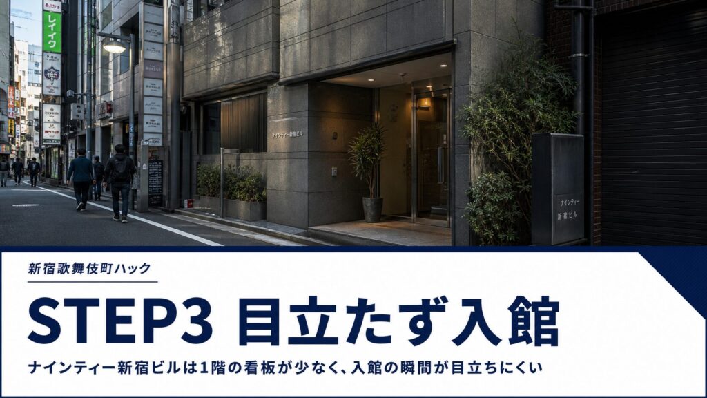 ポイント： ビルの1階には目立つ看板が少ないため、入館の瞬間は非常にバレにくいです。