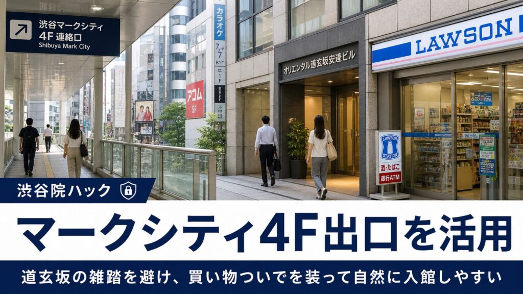 マークシティの連絡通路4階出口を使えば、道玄坂の雑踏を通らずに済みます。