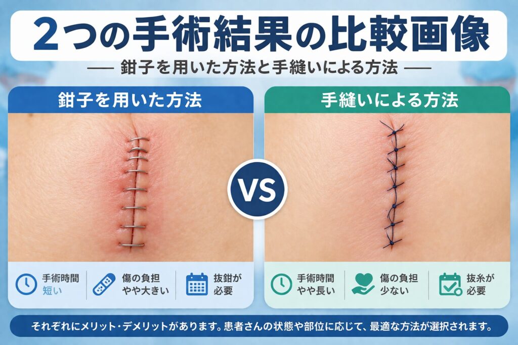 2つの手術結果の比較画像：鉗子を用いた方法と手縫いによる方法