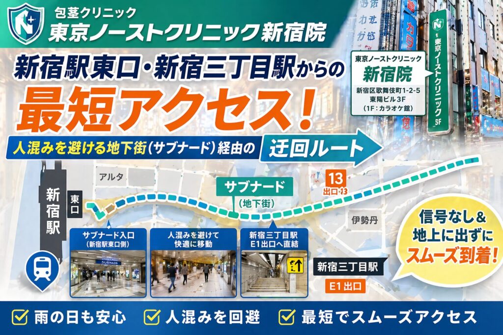 新宿駅東口・新宿三丁目駅からの東京ノーストクリニック新宿院への最短アクセス！人混みを避ける地下街（サブナード）経由の迂回ルート
