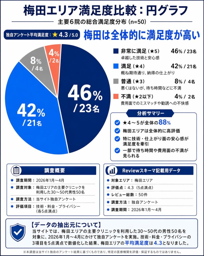 包茎手術クリニックのおすすめと比較の「梅田エリア満足度比較：円グラフ」