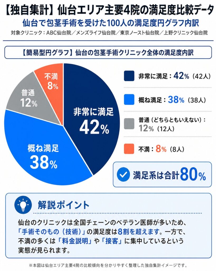 【簡易円グラフ】仙台で包茎手術を受けた100人の満足度内訳