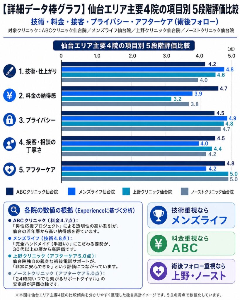 【詳細棒グラフ】項目別比較：技術・料金納得度・プライバシー・接客を数値化