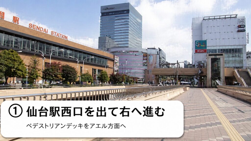仙台駅西口を出て、ペデストリアンデッキを右（アエル方面）へ進みます。