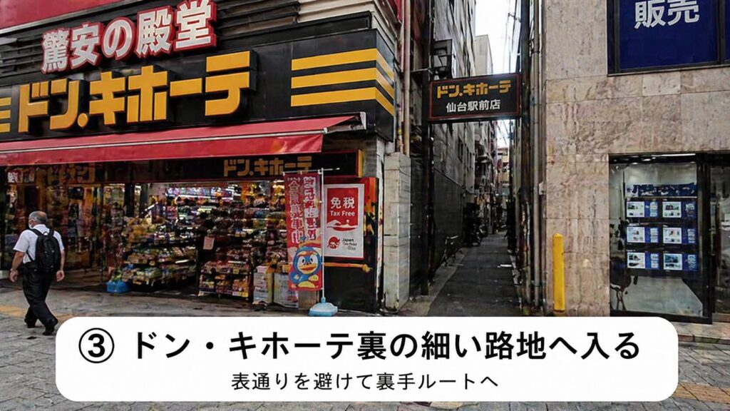 「ドン・キホーテ仙台駅前店」の裏手にあたる細い路地に入ってください。
