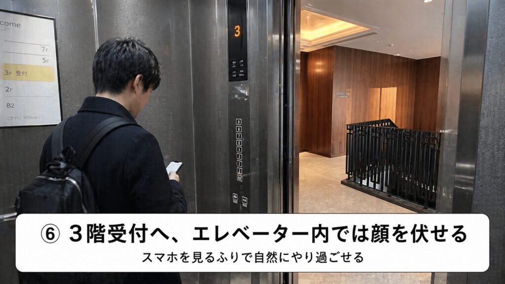 3階が受付となりますが、エレベーター内ではスマホを見るふりをして顔を伏せましょう。