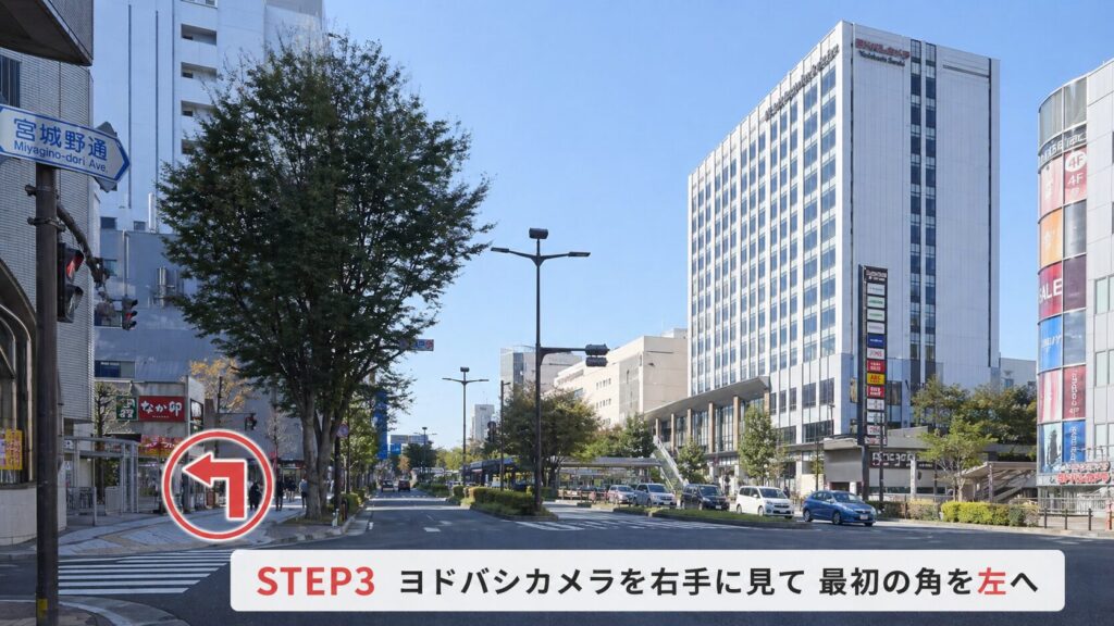 ヨドバシカメラを右手に見て、最初の角を左に曲がります。