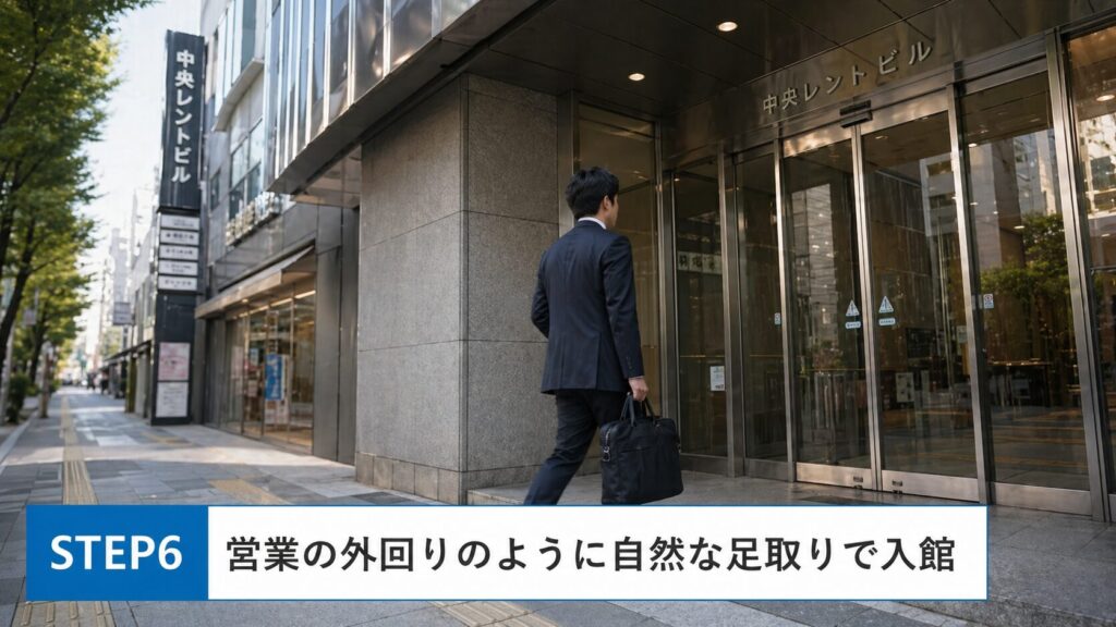 まるで営業の外回りでビルに入っていくような自然な足取りを心がけましょう。