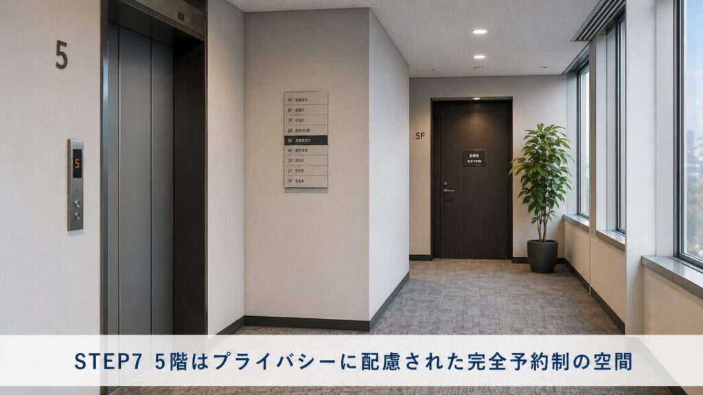 5階まで上がれば、そこはプライバシーが守られた完全予約制の空間です。