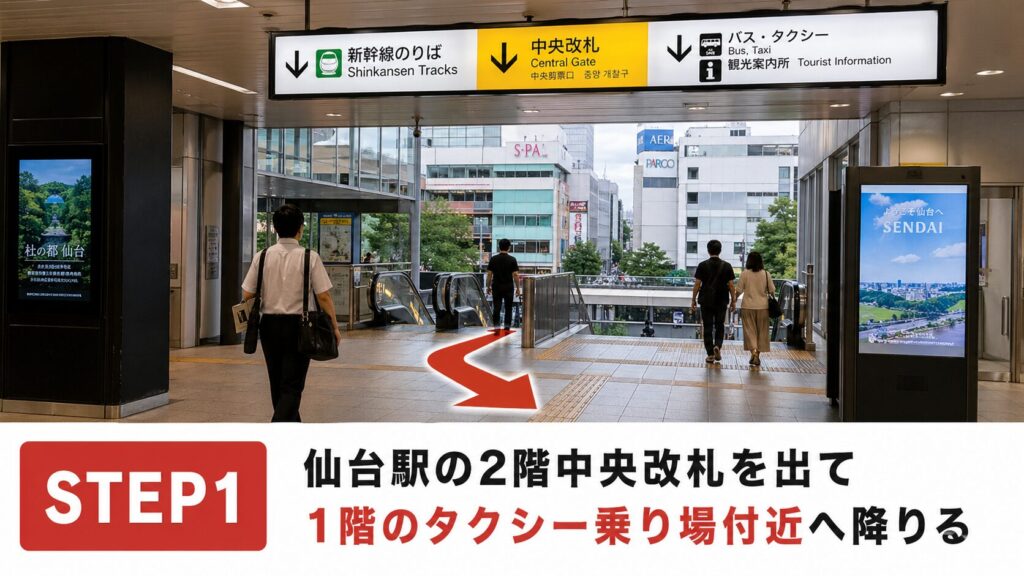 仙台駅の2階中央改札を出て、あえて1階のタクシー乗り場付近へ降ります。