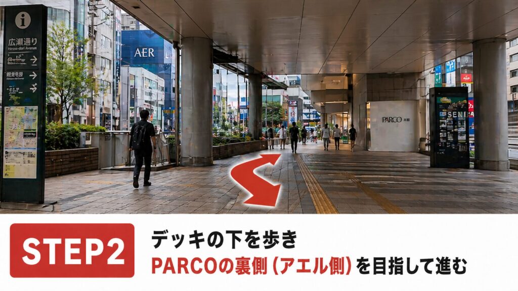 デッキの下を歩き、PARCOの裏側（アエル側）を目指して進みます。