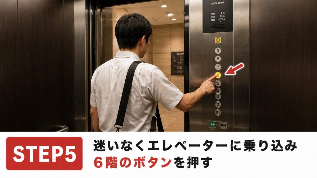 迷いなくエレベーターに乗り込み、6階のボタンを押してください。