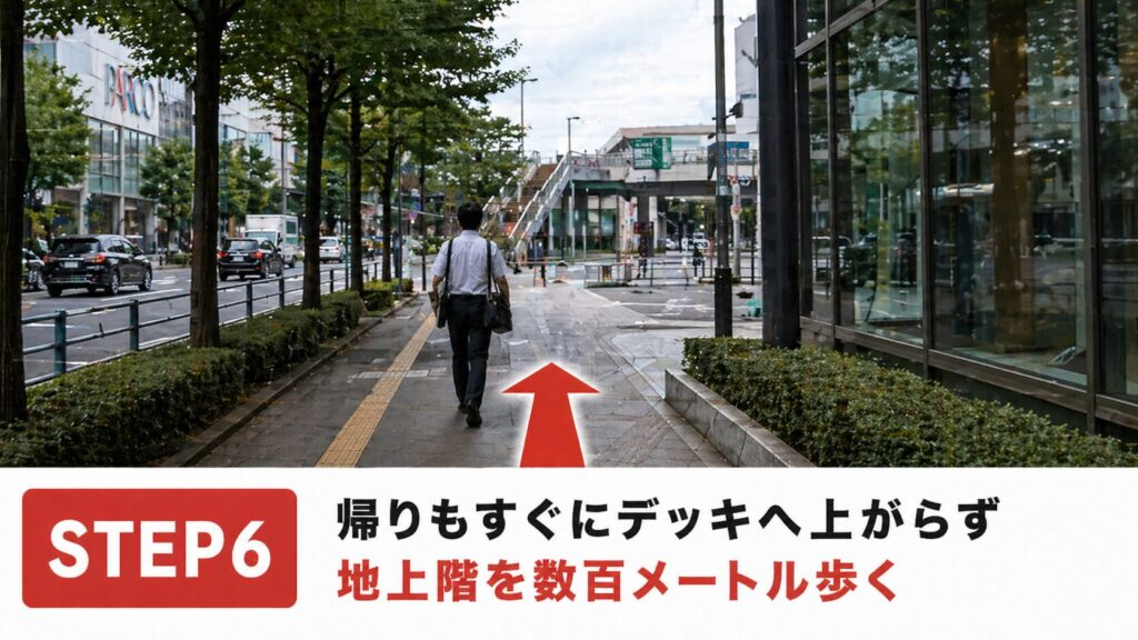 手術後にビルから出る際も、すぐにデッキへ上がらず、地上階を数百メートル歩きましょう。