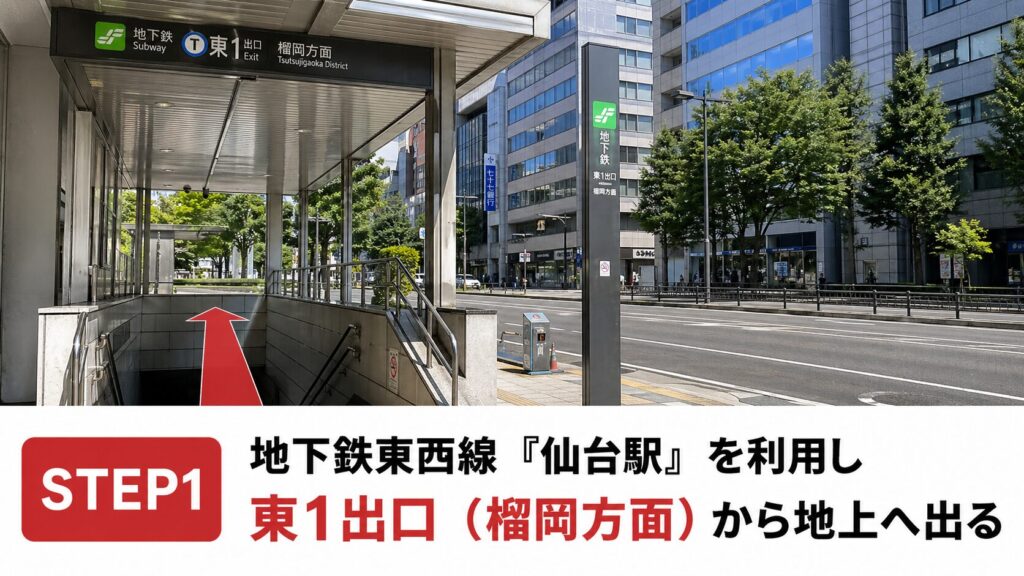 地下鉄東西線「仙台駅」を利用し、東1出口（榴岡方面）から地上へ出ます。
