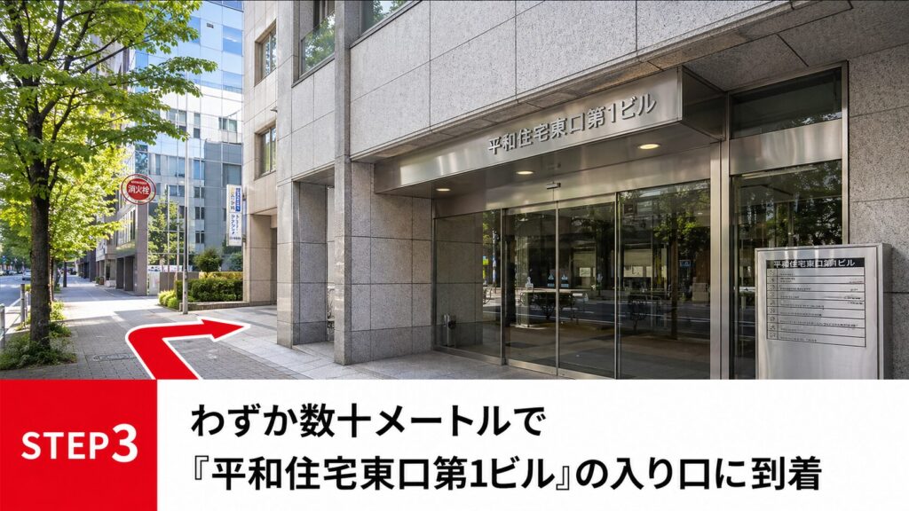 わずか数十メートルで「平和住宅東口第1ビル」の入り口に到着します。