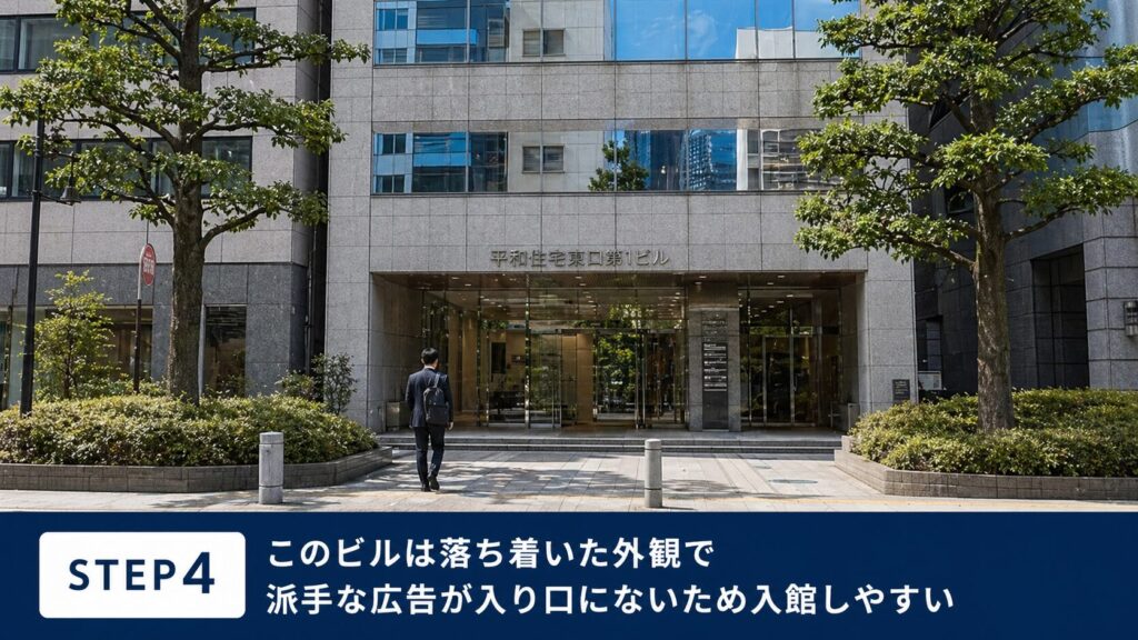 このビルは落ち着いた外観で、派手な広告が入り口にないため、入館が容易です。