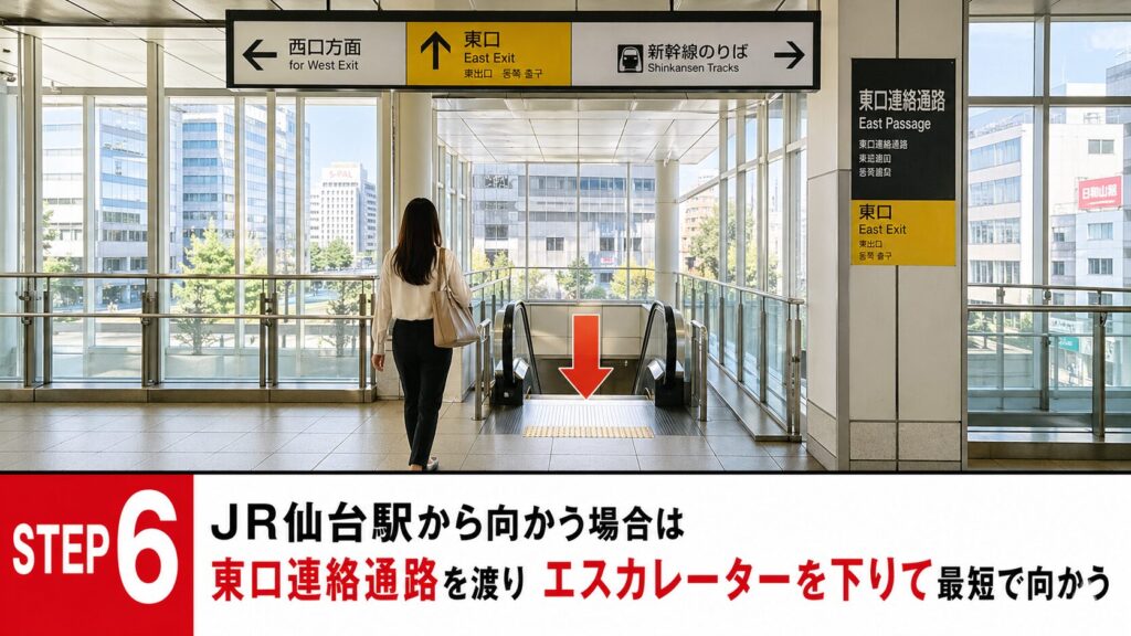もしJR仙台駅から向かう場合は、東口連絡通路を渡り、エスカレーターを下りて最短で向かいます。