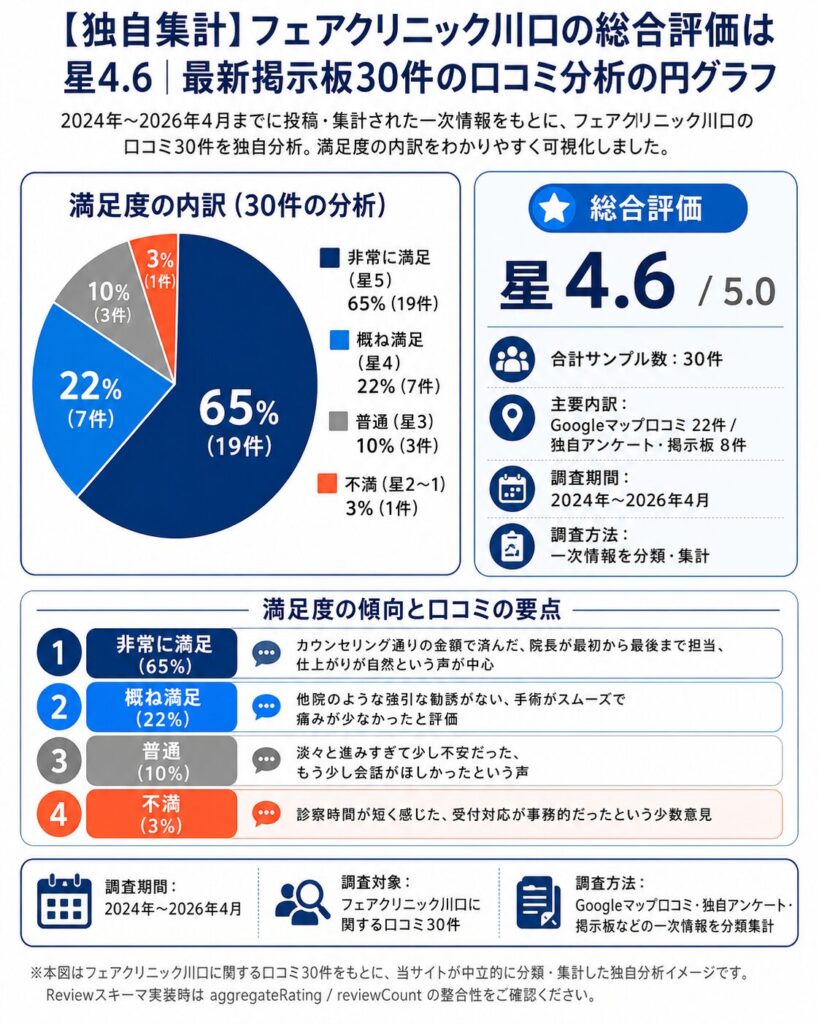 【独自集計】フェアクリニック川口の総合評価は星4.6｜最新掲示板30件の口コミ分析の円グラフ