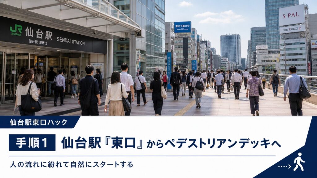 手順1：JR仙台駅「東口」からペデストリアンデッキへ出る。