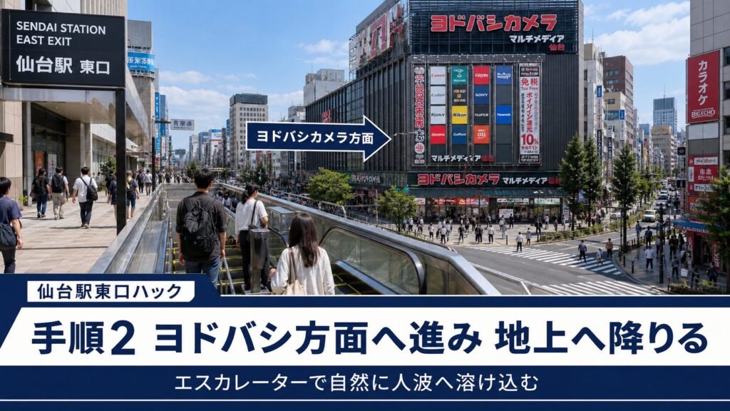 手順2：ヨドバシカメラ方面へ向かい、エスカレーターで地上に降りる。