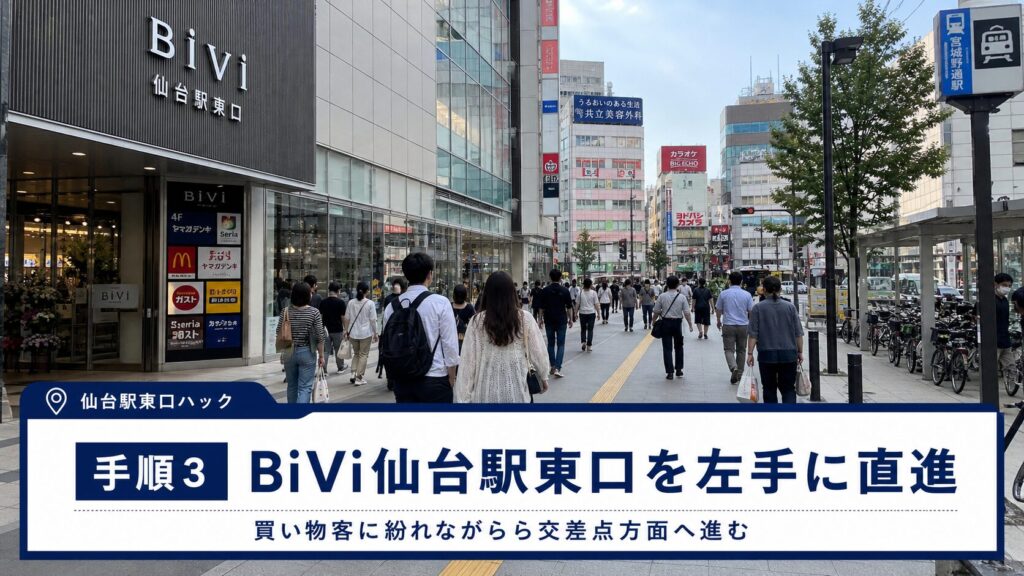 手順3：BiVi仙台駅東口を左手に見ながら、交差点方面へ直進する。
