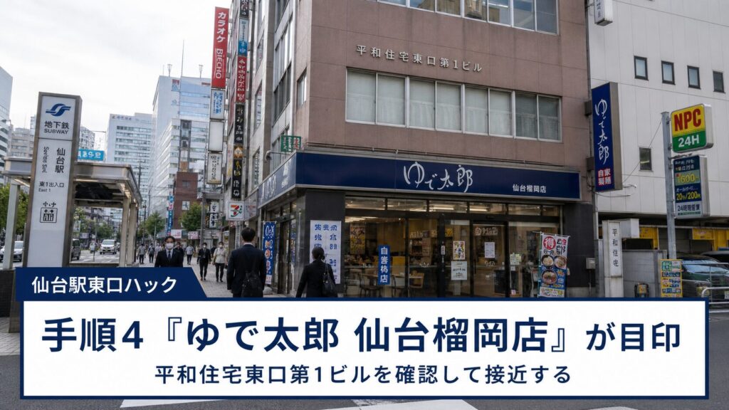 手順4：1階に「ゆで太郎 仙台榴岡店」が入るビル（平和住宅東口第１ビル）を確認。