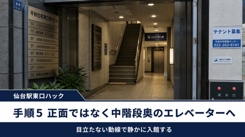 手順5：正面入口ではなく、ビル中ほどの「中階段」奥にあるエレベーターへ。