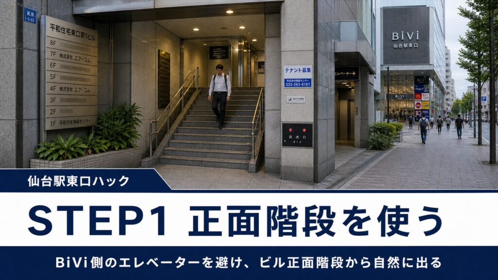 クリニックを出て、BiVi仙台側のエレベーターではなく、ビル正面階段を利用。