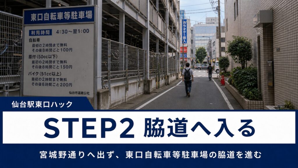 大通り（宮城野通り）に出ず、東口自転車等駐車場の脇道へ入る。