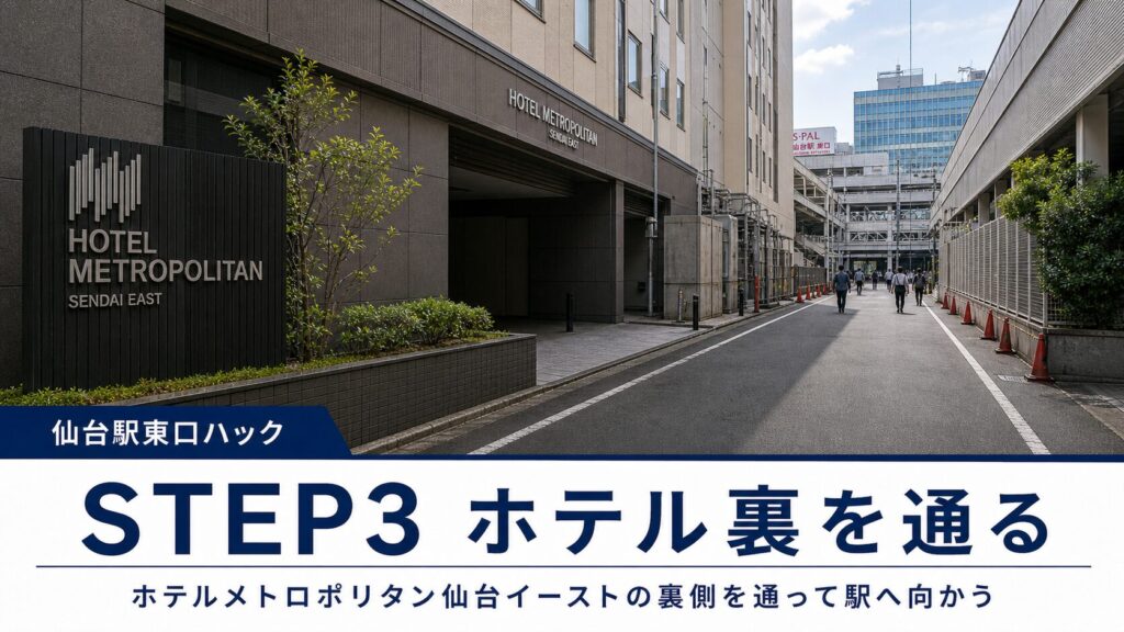 そのままホテルメトロポリタン仙台イーストの裏側を通って駅へ。