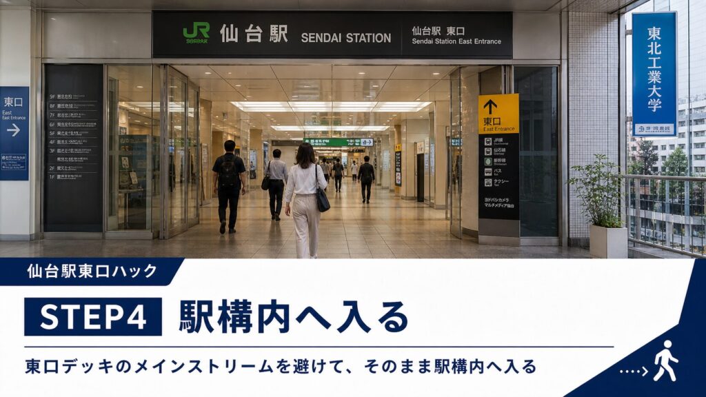 これで東口デッキのメインストリームを歩かずに駅構内へ入れます。