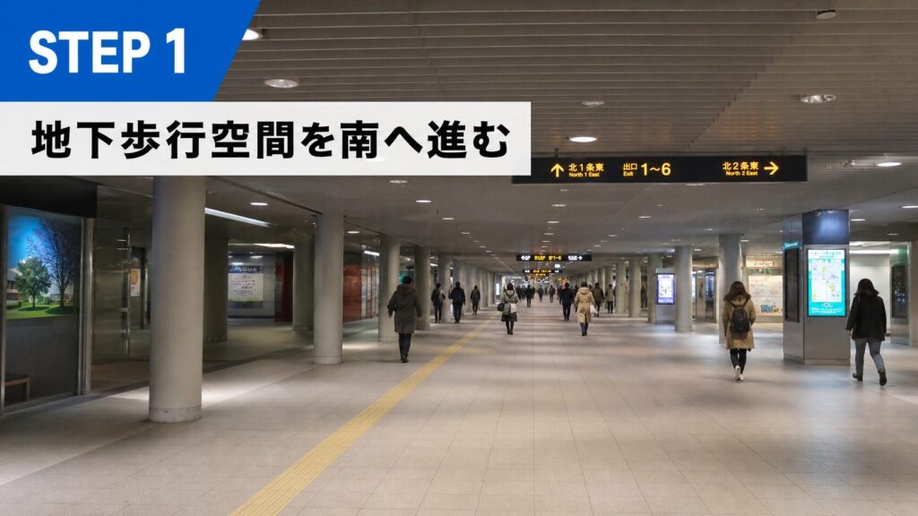 ステップ1： 地下歩行空間（チ・カ・ホ）を北から南へ進む。