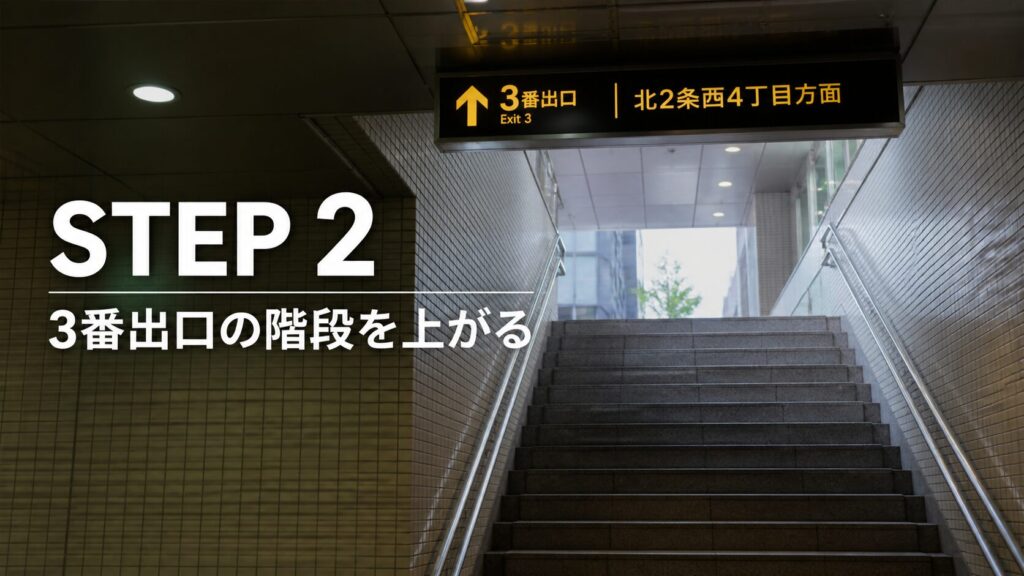 ステップ2： 「3番出口（北2条西4丁目方面）」の階段を上がる