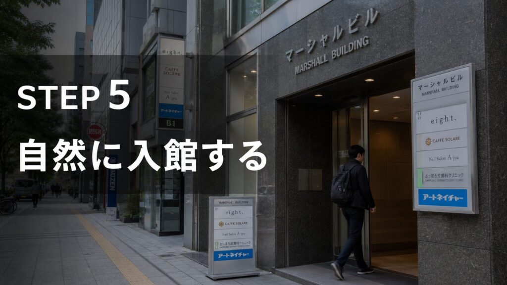 ステップ5： ビル1階にある看板（飲食店等）を確認しつつ自然に入館する。