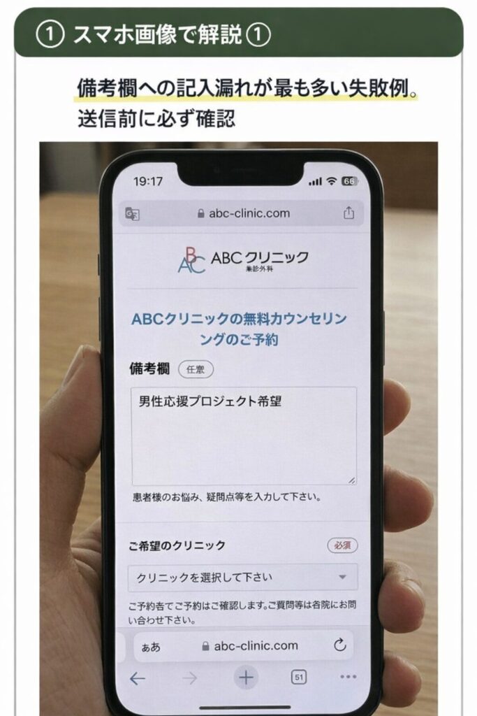 ABCクリニック予約フォームの備考欄に『男性応援プロジェクト希望』と入力する例