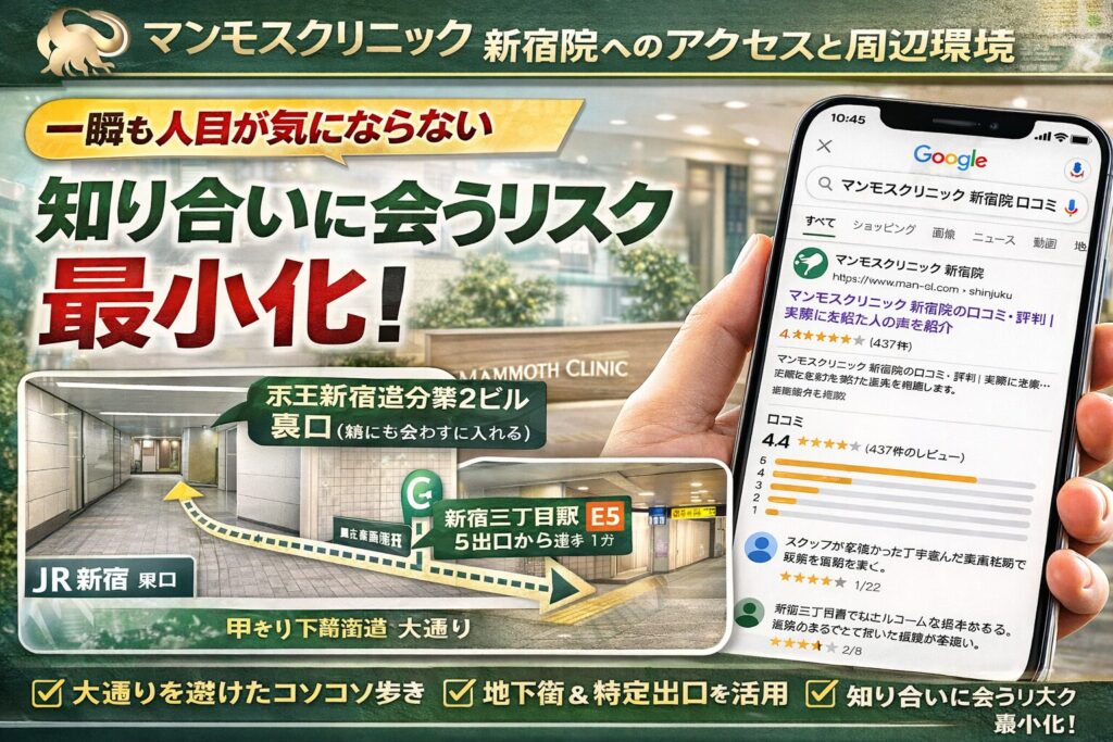 マンモスクリニック 新宿院へのアクセスと周辺環境で JR新宿駅・地下鉄新宿三丁目駅から「一瞬も人目が気にならない」ビル「京王新宿追分第2ビル」入り口への裏ルート