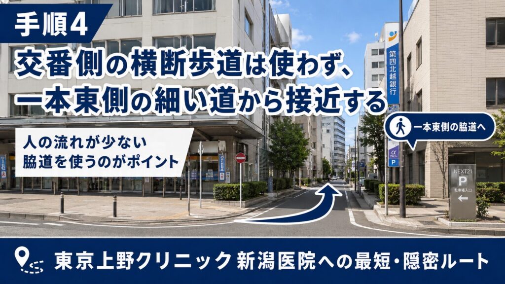 手順4: 交番側の横断歩道を渡らず、一本東側の細い道からビルへ接近します。